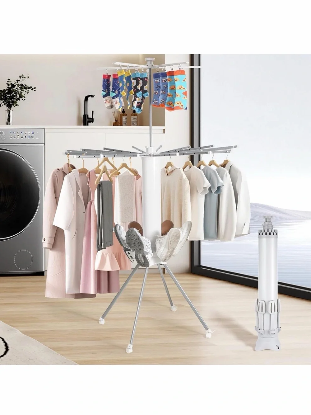 Adjustable Versatile Rotating Clothes Drying Rack w 20 Clips & Shoe👟Holding